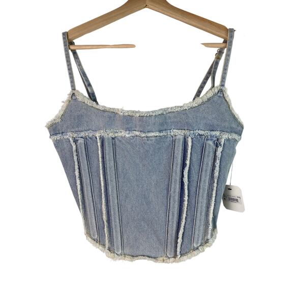 NWT Altar'd State Women's Size M Frayed Hem Light Wash Denim Corset Top $69.95 - Picture 1 of 9